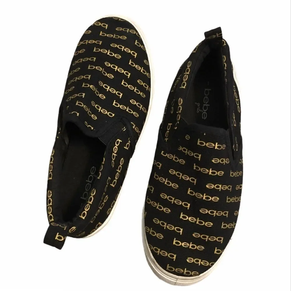 Bebe Girls Size 1 Black Gold Logo Slip-On Sneakers Shoes